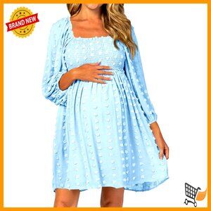 Long Sleeve Maternity Dress Square Neck Swiss Dot Casual Loose Mini